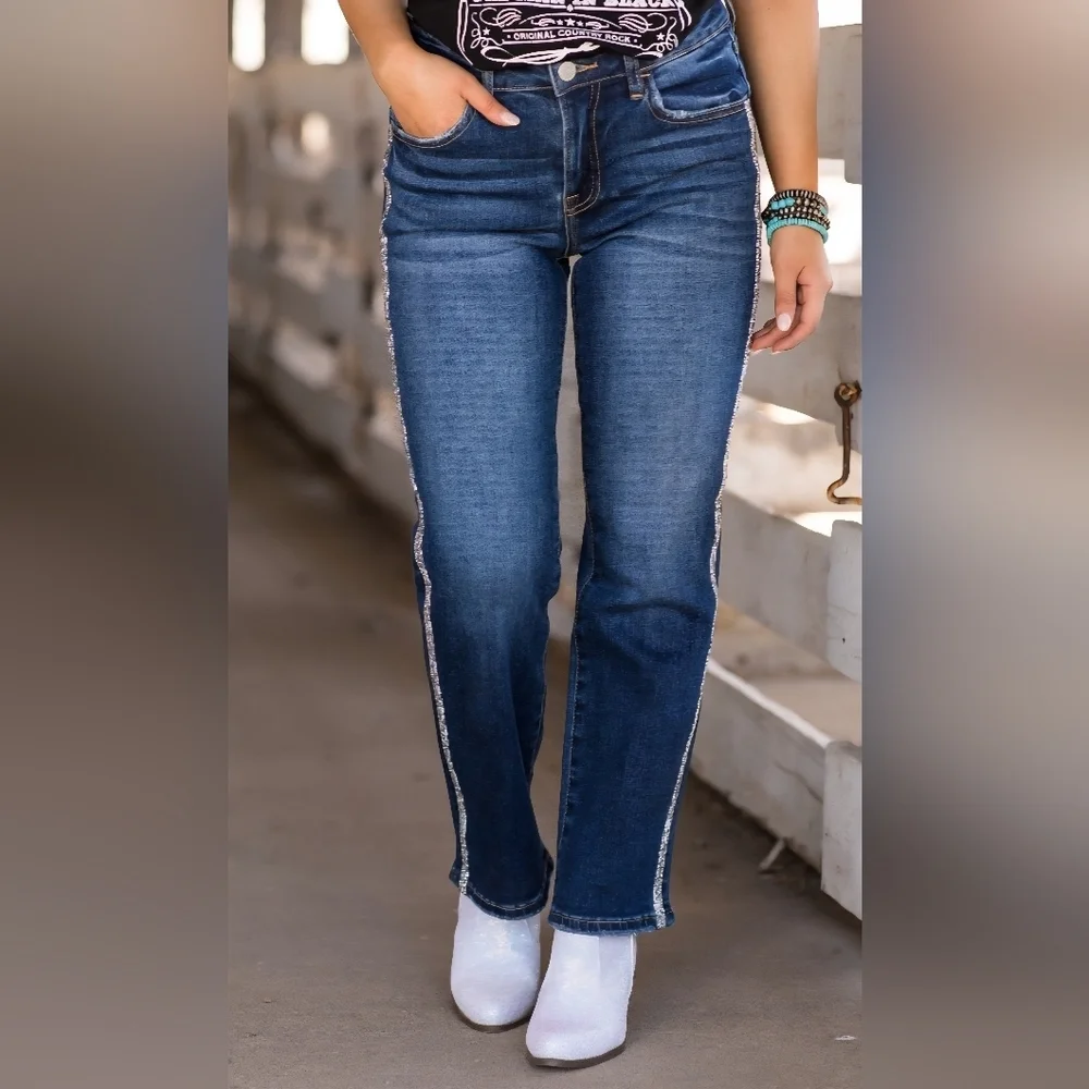 Risen High Rise Dark Wash Rhinestone Embellished Seam Straight Ankle Jeans 7/28 - Picture 3 of 13